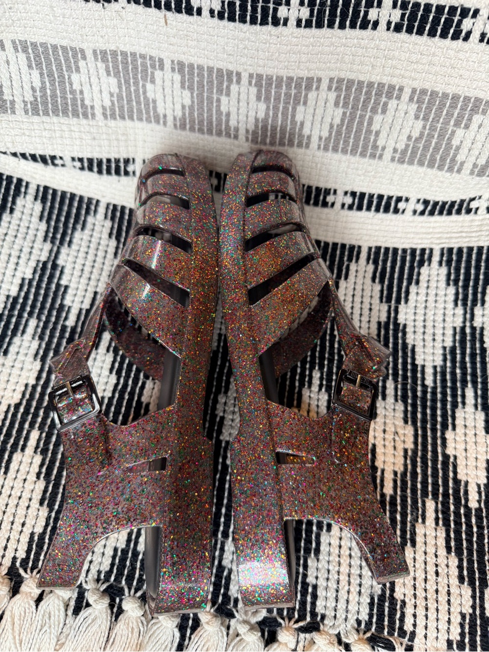 Melissa Glitter Jelly Fisherman Sandals - Black with Multicolor Sparkle, Size 8 - Picture 4 of 9